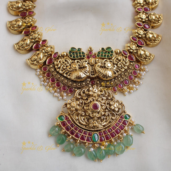 Beautiful Mango peacock design kemp stone short necklace pearls and mint green beads