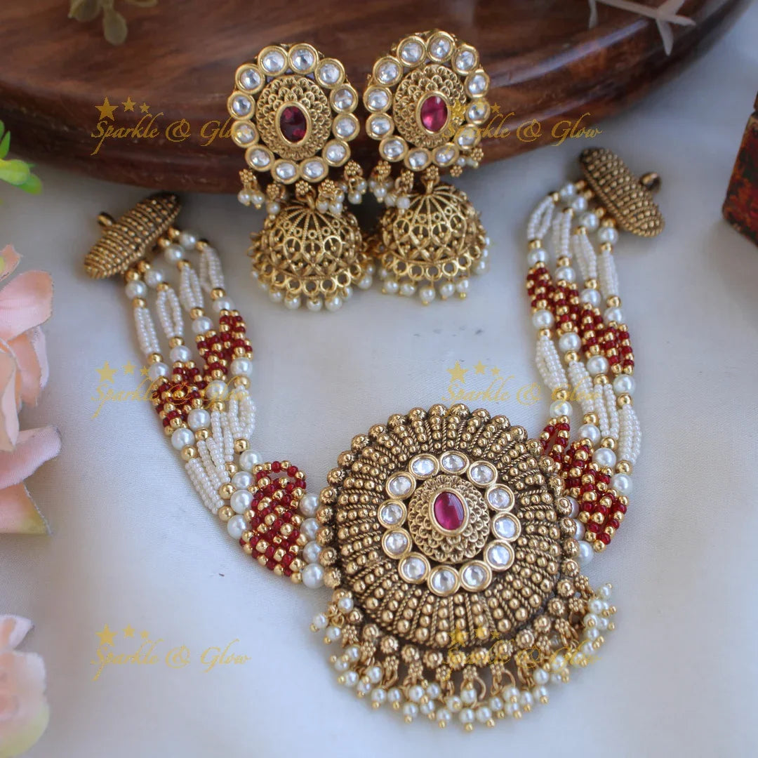 Beautiful Floral kundan choker with multi layer pearl and red beads - pink - Sparkle and Glow