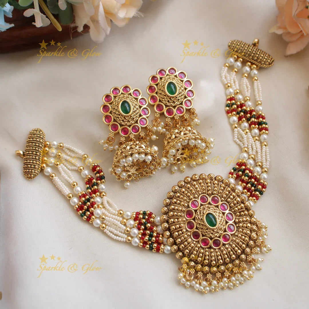 Beautiful Floral kundan choker with multi layer pearl and red beads - pink - Sparkle and Glow