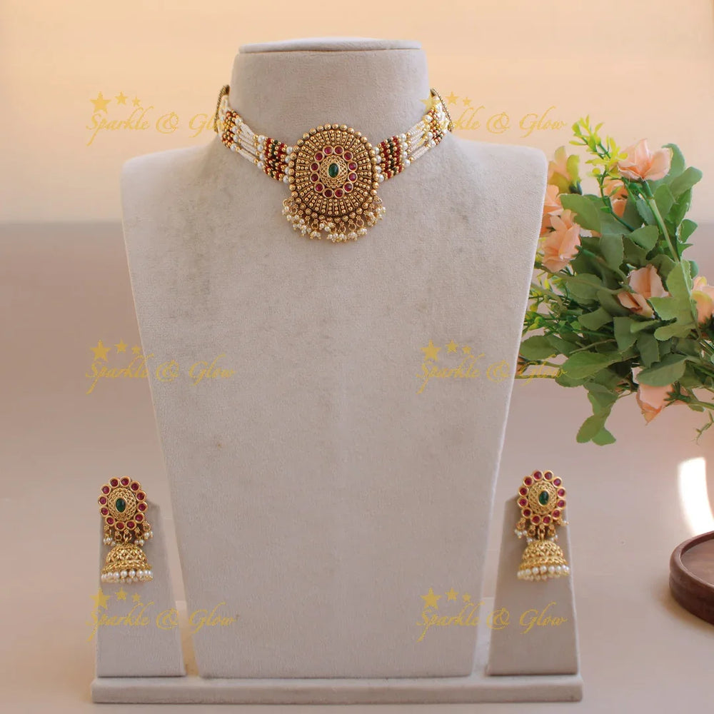 Beautiful Floral kundan choker with multi layer pearl and red beads - pink - Sparkle and Glow