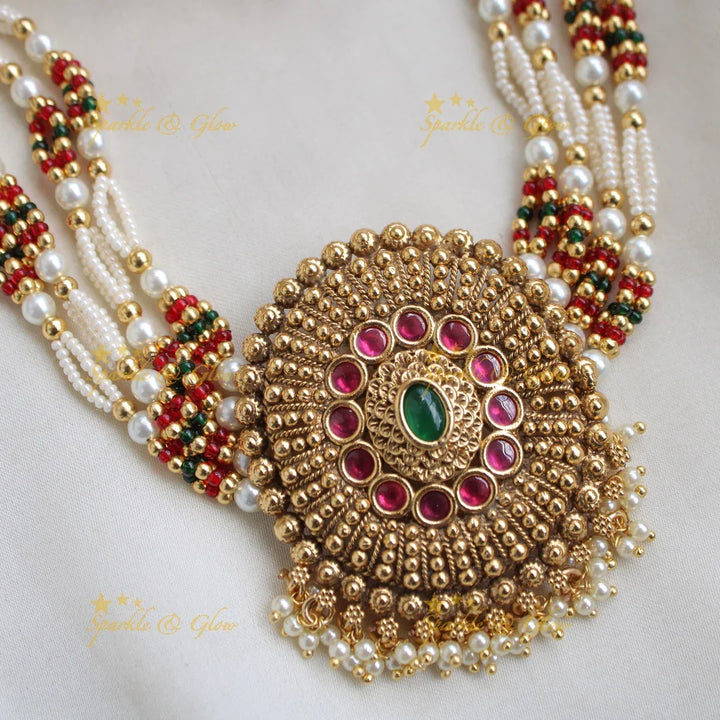 Beautiful Floral kundan choker with multi layer pearl and red beads - pink - Sparkle and Glow