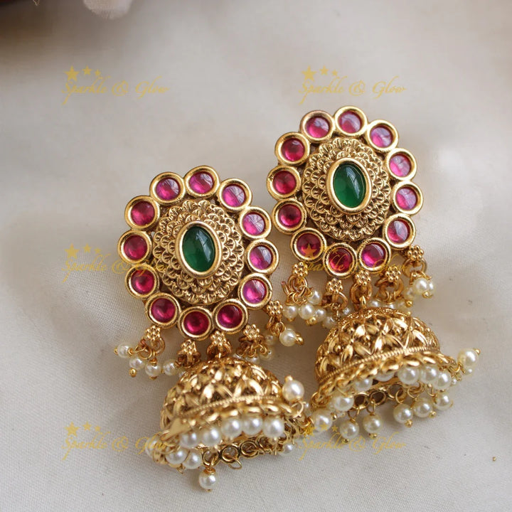 Beautiful Floral kundan choker with multi layer pearl and red beads - pink - Sparkle and Glow