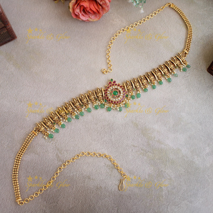 Beautiful Lakshmi carved floral design kemp stone hipchain with pearls and mint green beads