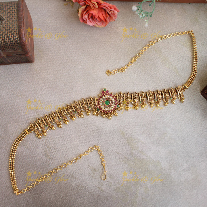 Beautiful Lakshmi carved floral design kemp stone hipchain with pearls and mint green beads