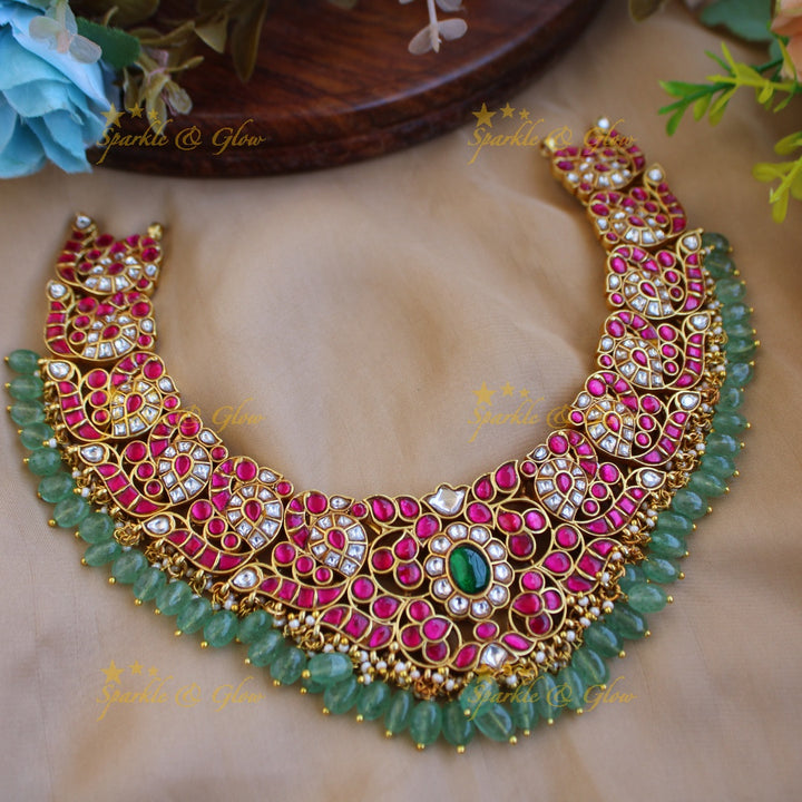 Exclusive Grand Peacock floral design jadau short necklace with pearls and mint green beads