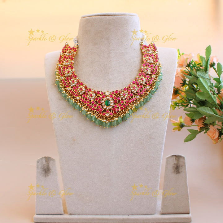Exclusive Grand Peacock floral design jadau short necklace with pearls and mint green beads