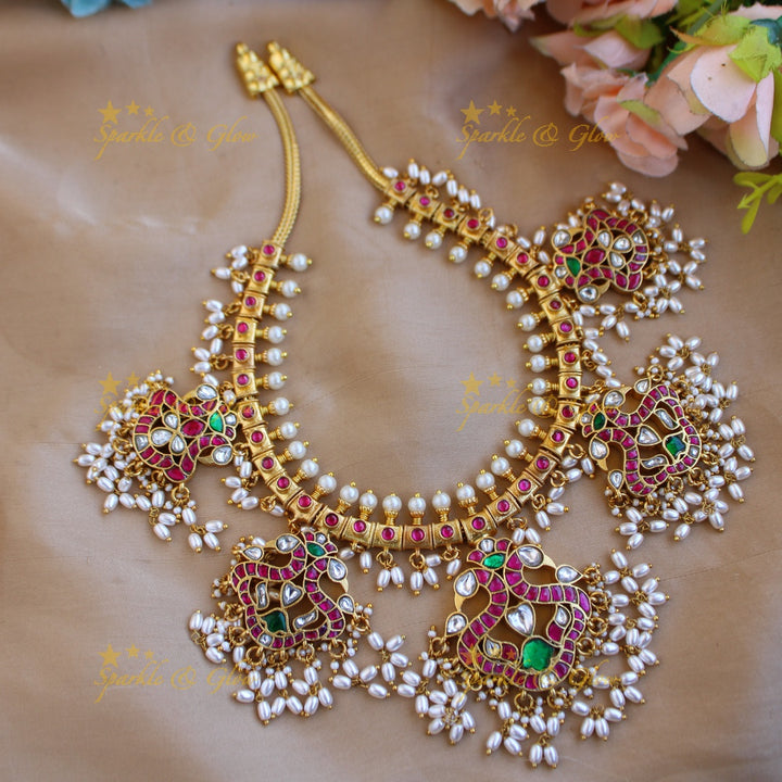 Elegant Peacock design gutta pusalu jadau short necklace with rice pearls