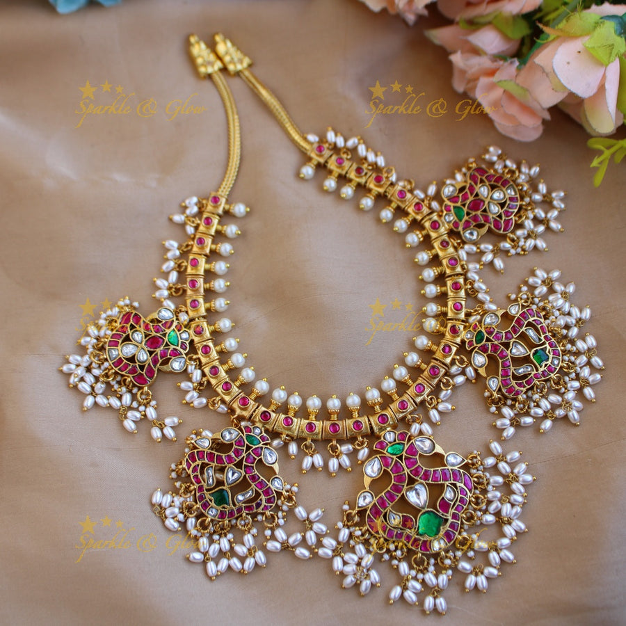 Elegant Peacock design gutta pusalu jadau short necklace with rice pearls - Sparkle and Glow