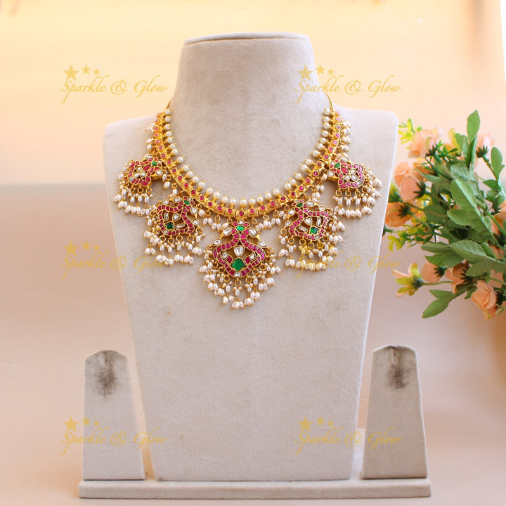 Elegant Peacock design gutta pusalu jadau short necklace with rice pearls