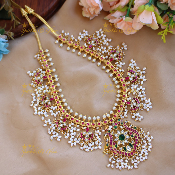 Gorgeous Peacock Floral design gutta pusalu jadau long necklace with rice pearls