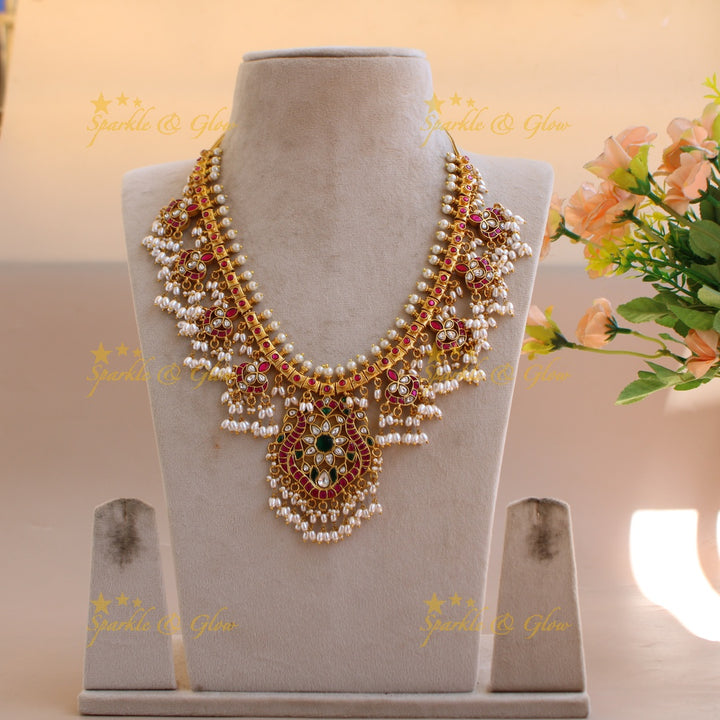 Gorgeous Peacock Floral design gutta pusalu jadau long necklace with rice pearls