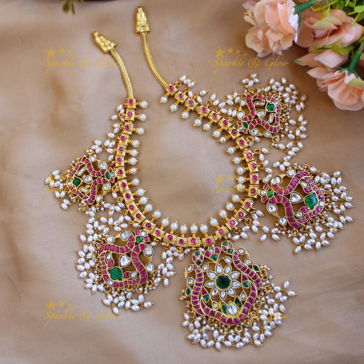 Stunning Peacock Floral design gutta pusalu jadau short necklace with rice pearls