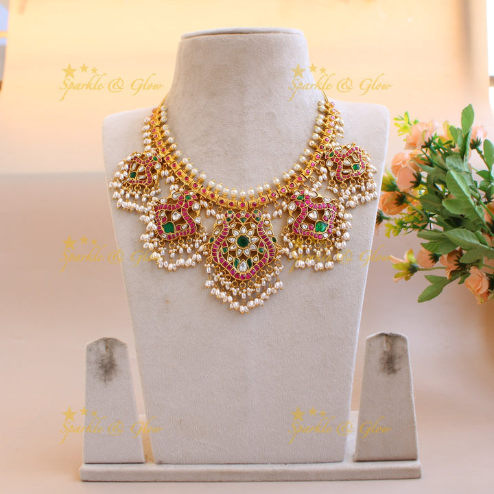 Stunning Peacock Floral design gutta pusalu jadau short necklace with rice pearls
