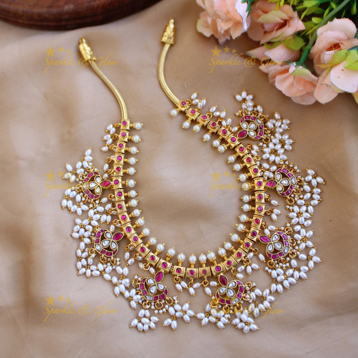 Beautiful Floral design gutta pusalu jadau short necklace with rice pearls