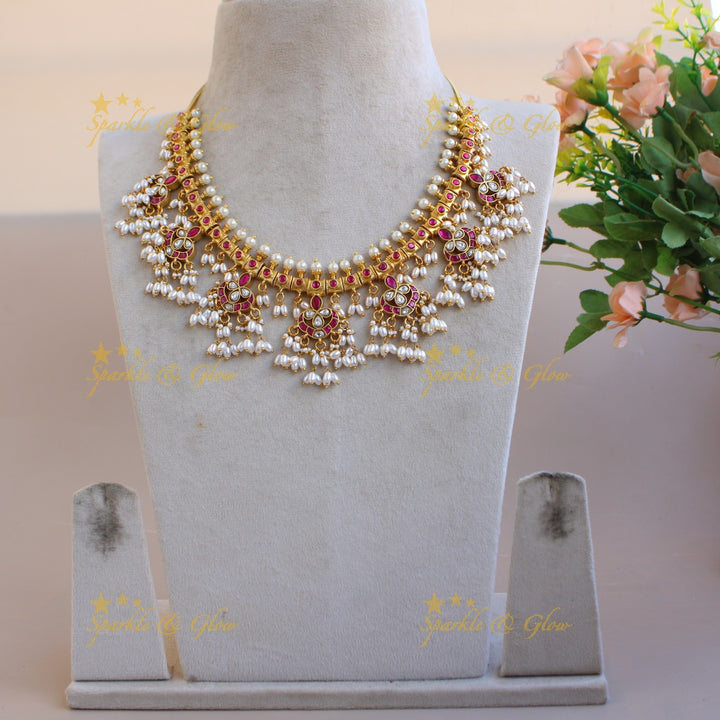Beautiful Floral design gutta pusalu jadau short necklace with rice pearls