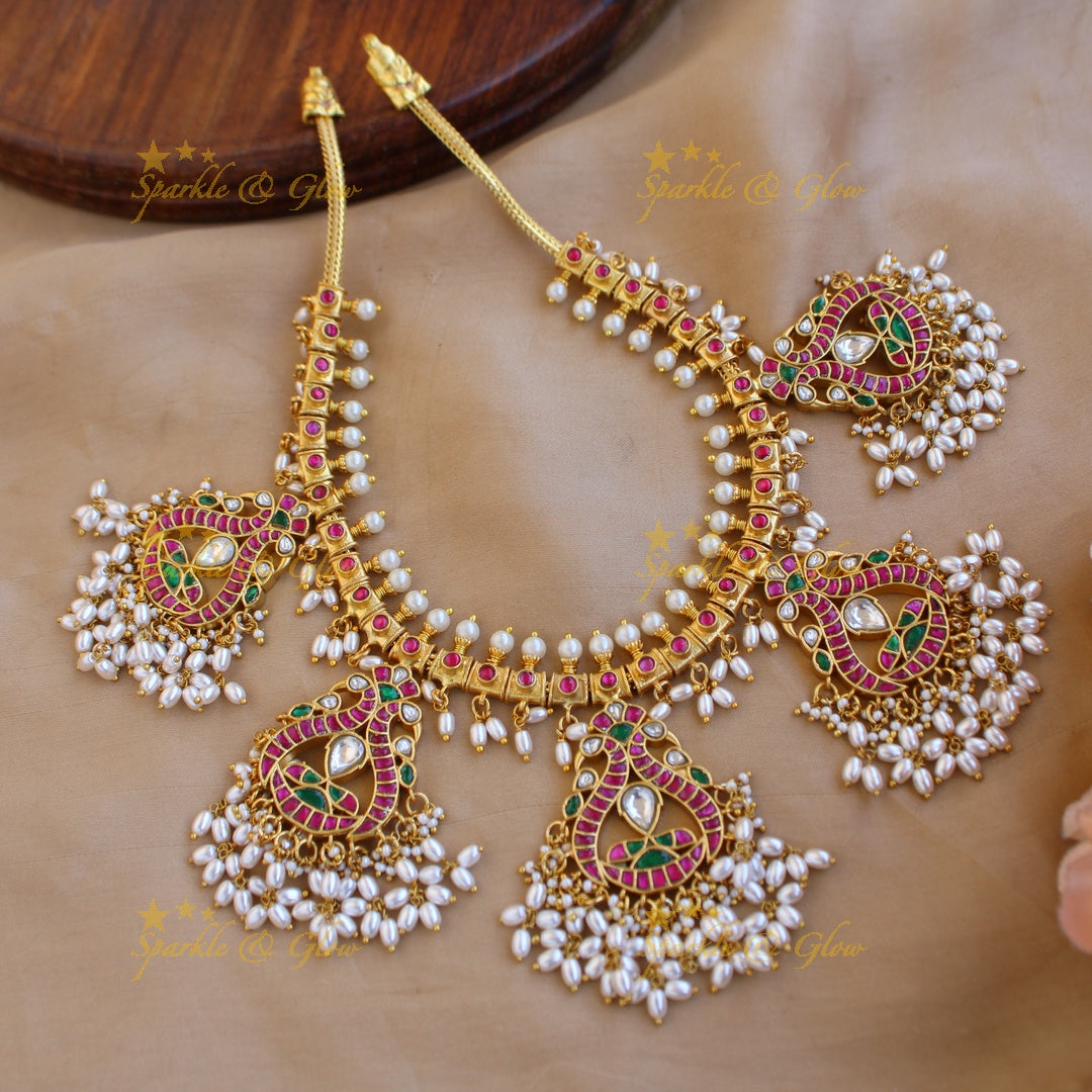 Statement Peacock design jadau gutta pusalu short necklace with rice pearls