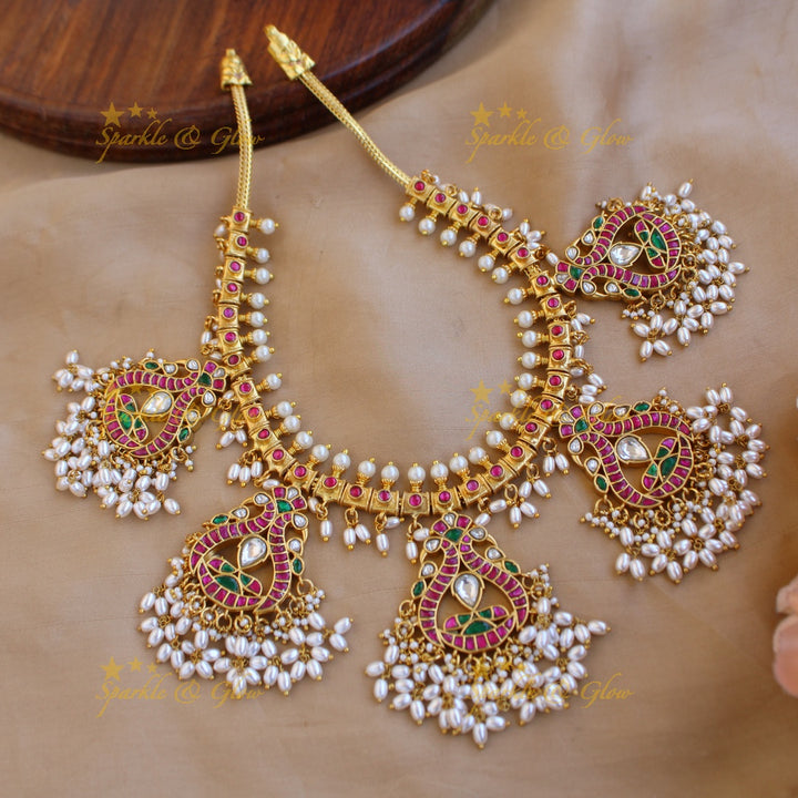 Statement Peacock design jadau gutta pusalu short necklace with rice pearls