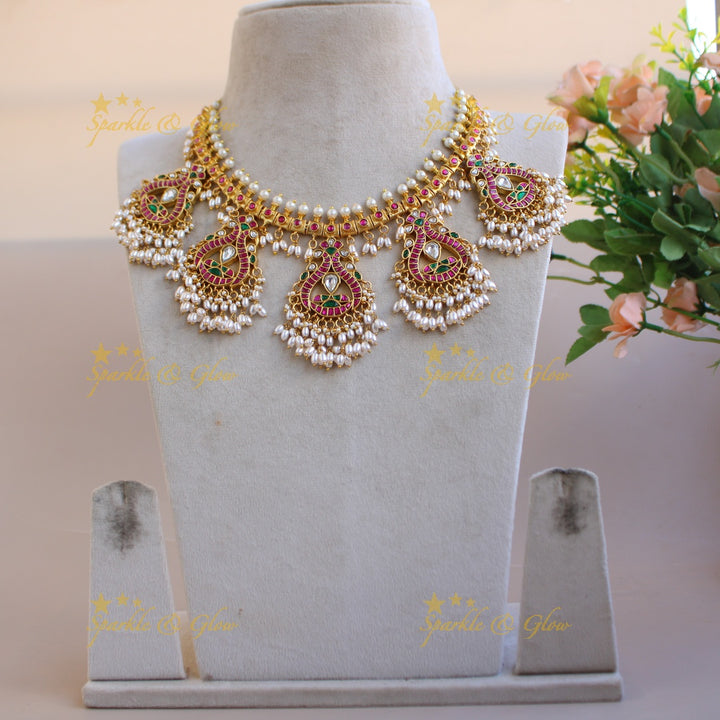 Statement Peacock design jadau gutta pusalu short necklace with rice pearls