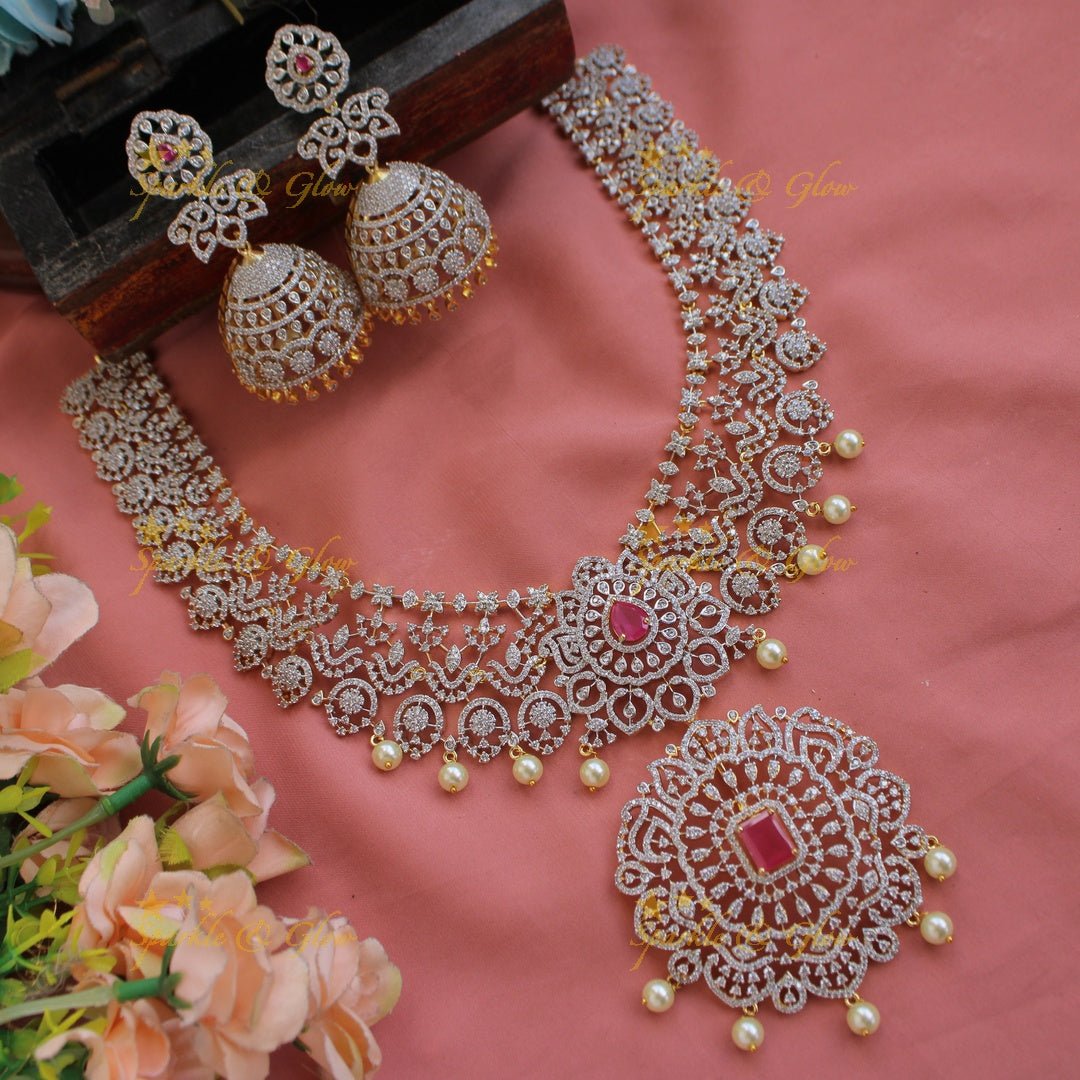 Gorgeous Floral design American diamond short necklace with ruby and pearl drops - Sparkle and Glow - Back Thread - 