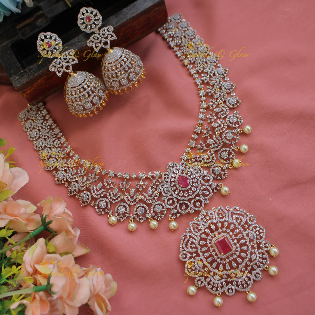 Gorgeous Floral design American diamond Short necklace with emerald and pearl drops - green