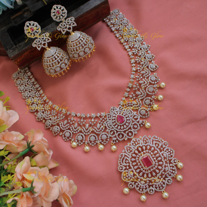 Gorgeous Floral design American diamond Short necklace with emerald and pearl drops - green