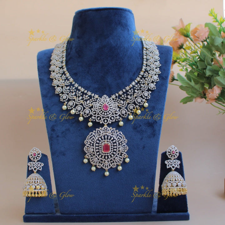 Gorgeous Floral design American diamond short necklace with ruby and pearl drops - Sparkle and Glow - Back Thread - 
