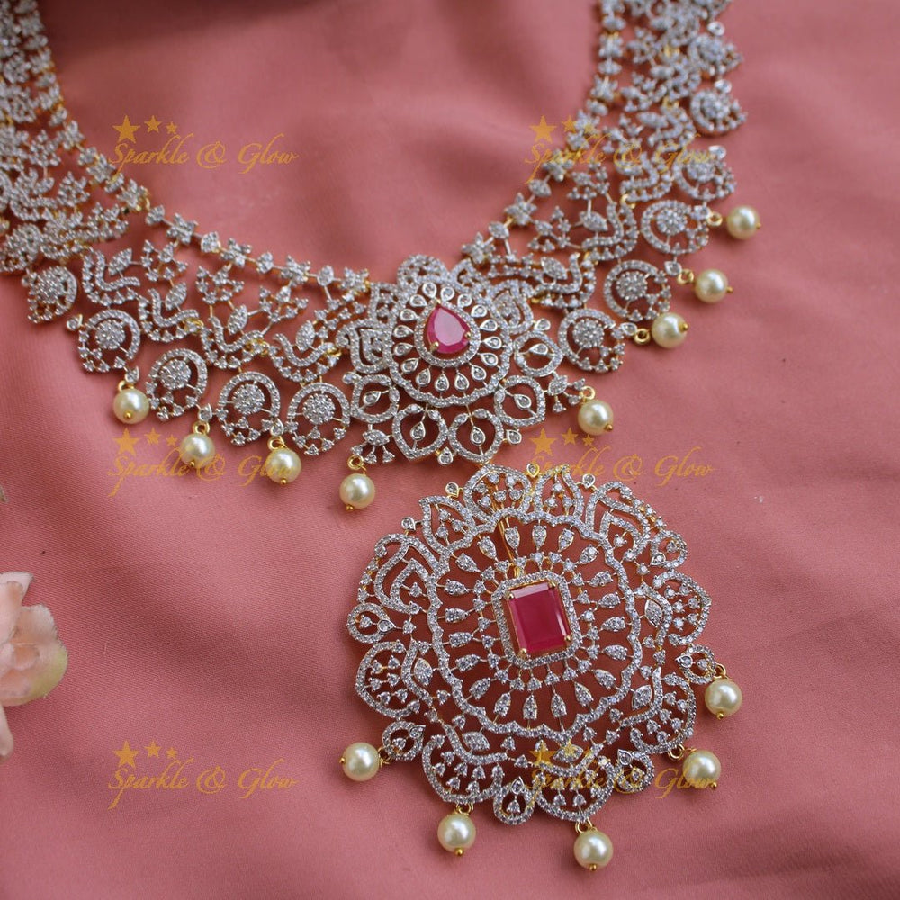 Gorgeous Floral design American diamond short necklace with ruby and pearl drops - Sparkle and Glow - Back Thread - 