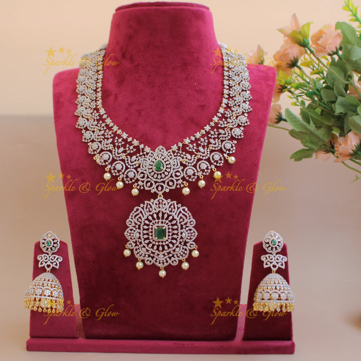 Gorgeous Floral design American diamond Short necklace with emerald and pearl drops - green