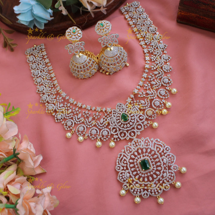 Gorgeous Floral design American diamond Short necklace with emerald and pearl drops - green