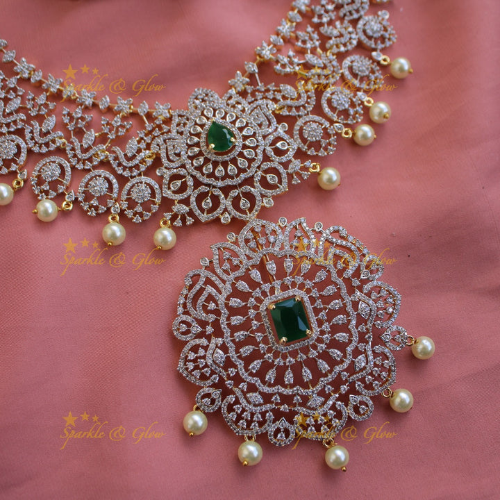 Gorgeous Floral design American diamond Short necklace with emerald and pearl drops - green