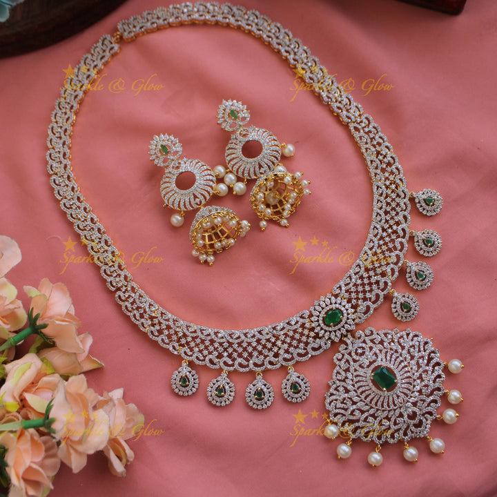 Grand intricate unique design American diamond long necklace with emerald pearls and stone drops