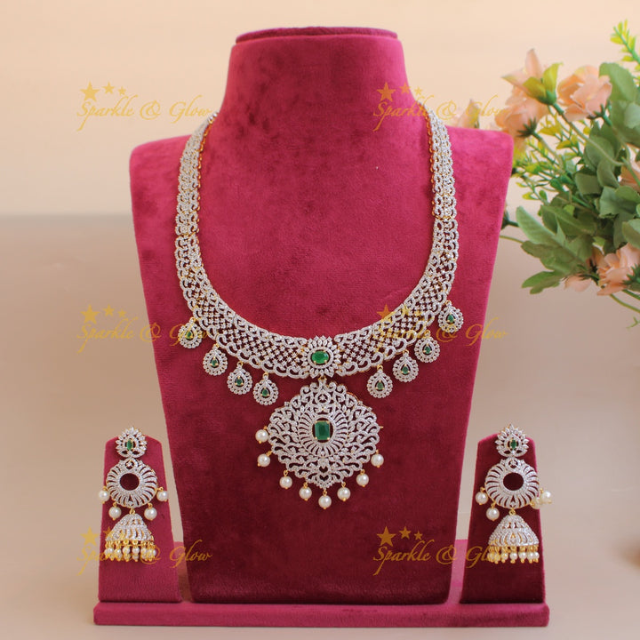 Grand intricate unique design American diamond long necklace with emerald pearls and stone drops