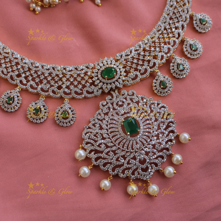 Grand intricate unique design American diamond long necklace with emerald pearls and stone drops