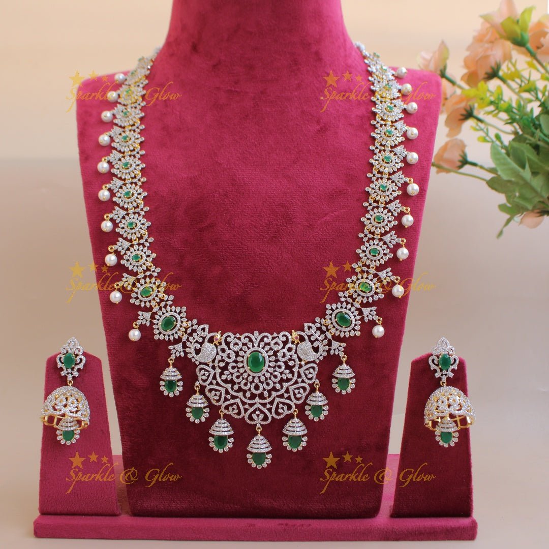Sparkling Floral peacock American diamond long necklace with emerald and pearls - green - Sparkle and Glow - Green - Back Thread
