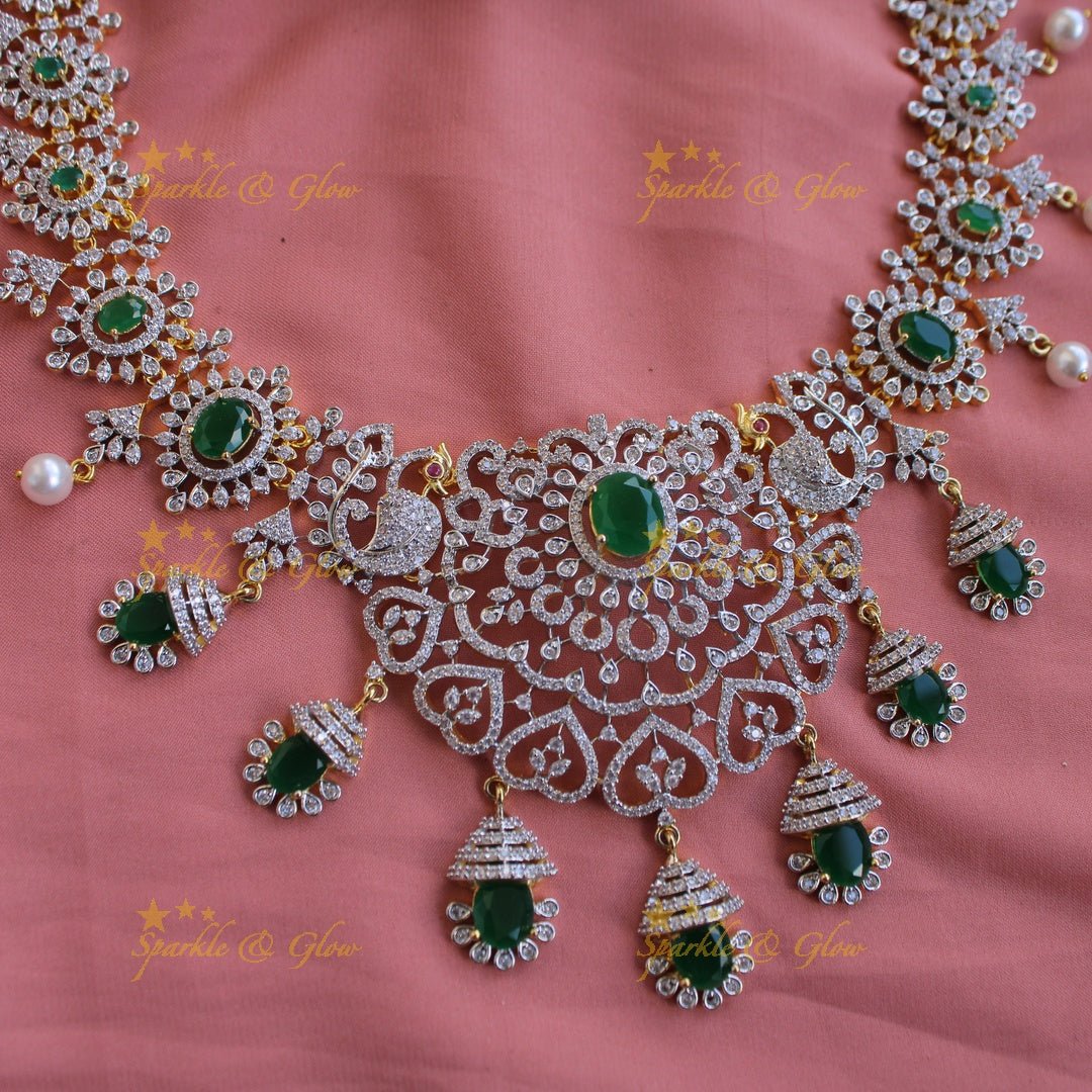 Sparkling Floral peacock American diamond long necklace with emerald and pearls - green - Sparkle and Glow - Green - Back Thread