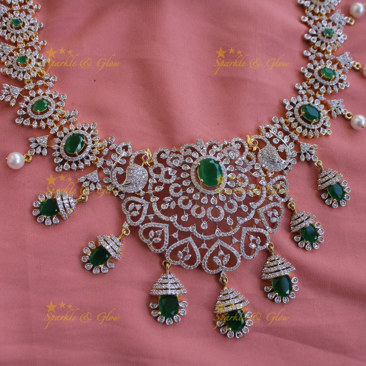 Sparkling Floral peacock American diamond long necklace with emerald and pearls - green - Sparkle and Glow - Green - Back Thread