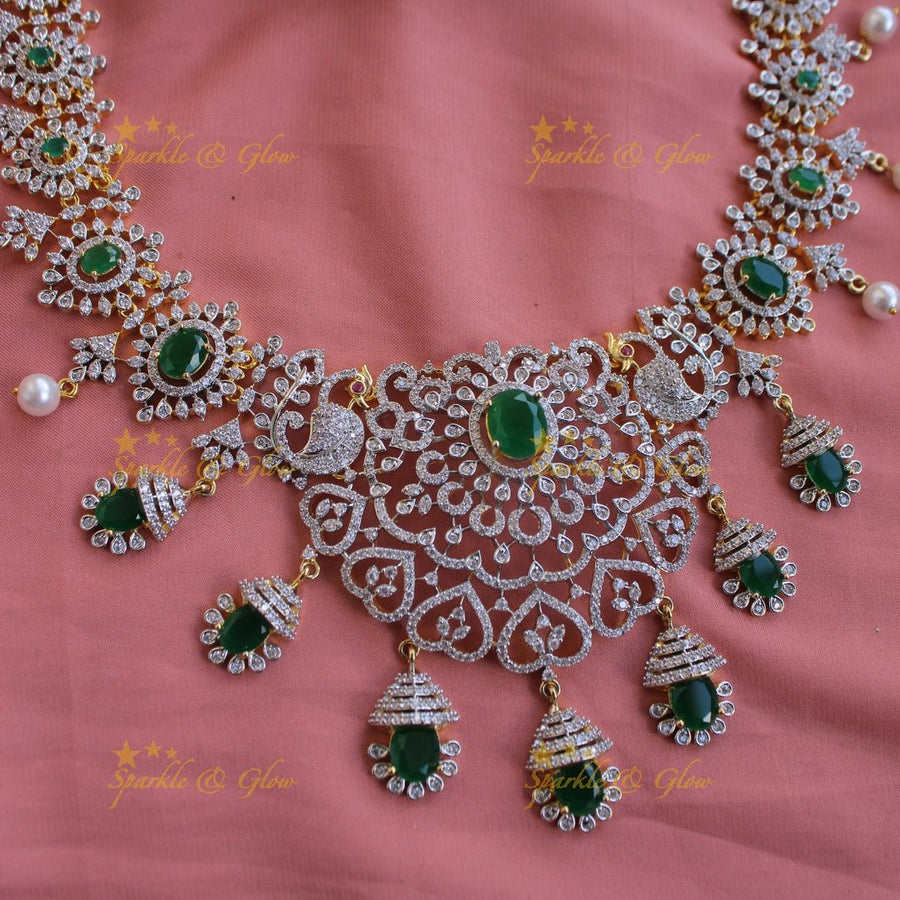 Sparkling Floral peacock American diamond long necklace with emerald and pearls - green - Sparkle and Glow - Green - Back Thread