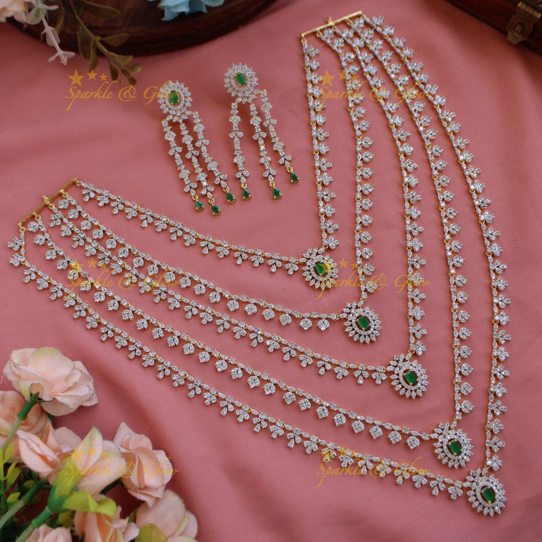 Elegant flower leaflet design Multi layer American diamond long necklace with emerald