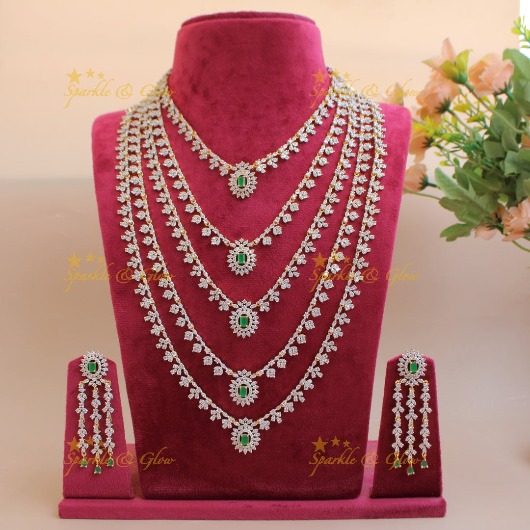 Elegant flower leaflet design Multi layer American diamond long necklace with emerald
