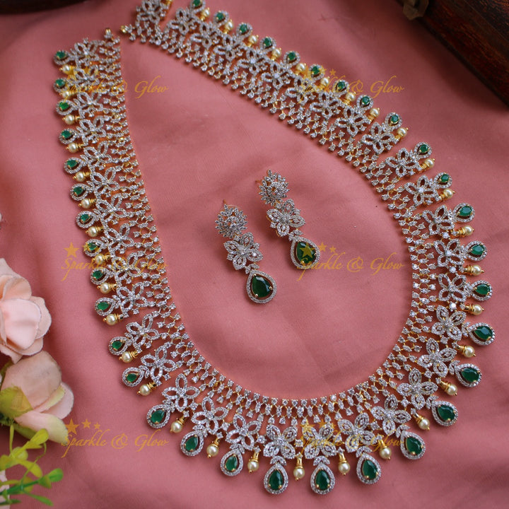 Grand Floral design American diamond long necklace with ruby and pearls - pink