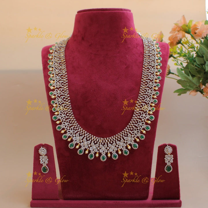 Grand Floral design American diamond long necklace with emerald and pearls - Sparkle and Glow - Back Thread - 