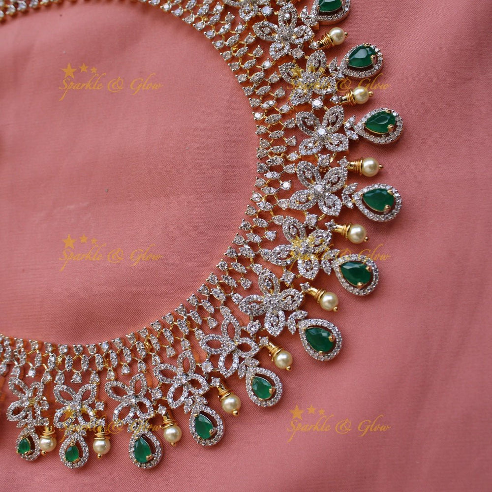 Grand Floral design American diamond long necklace with emerald and pearls - Sparkle and Glow - Back Thread - 