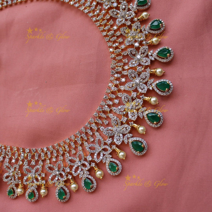 Grand Floral design American diamond long necklace with emerald and pearls - Sparkle and Glow - Back Thread - 
