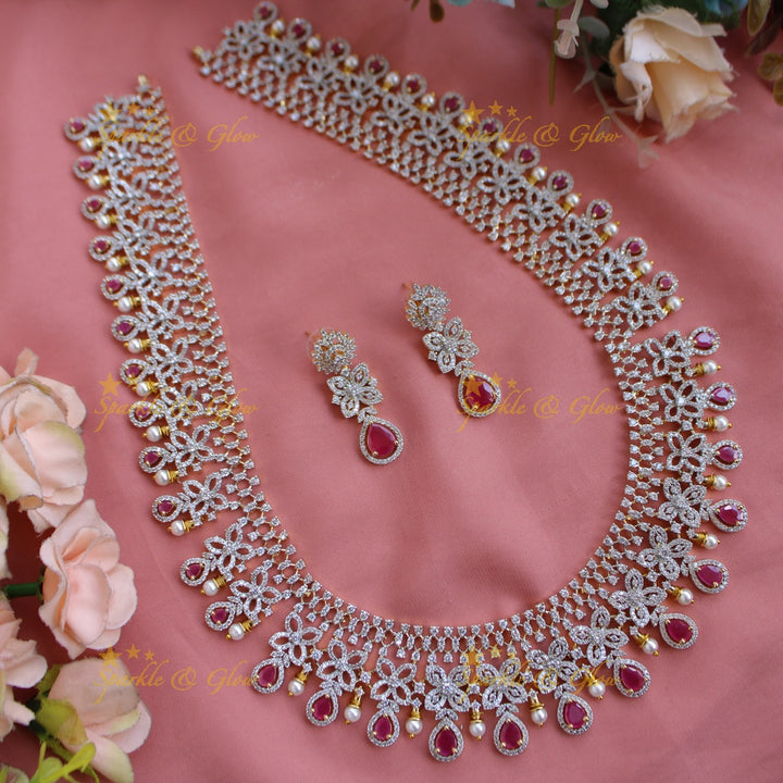 Grand Floral design American diamond long necklace with ruby and pearls - pink