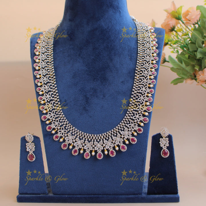Grand Floral design American diamond long necklace with ruby and pearls - pink