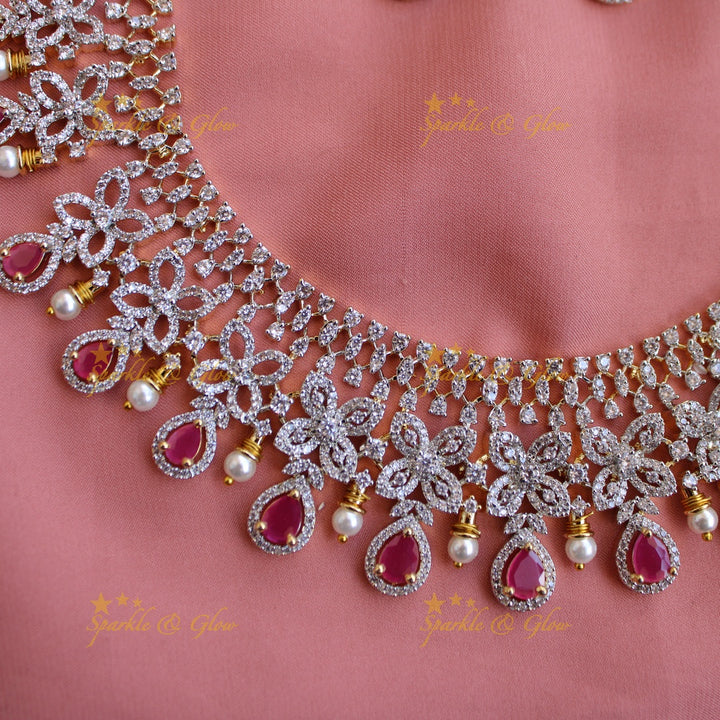 Grand Floral design American diamond long necklace with ruby and pearls - pink