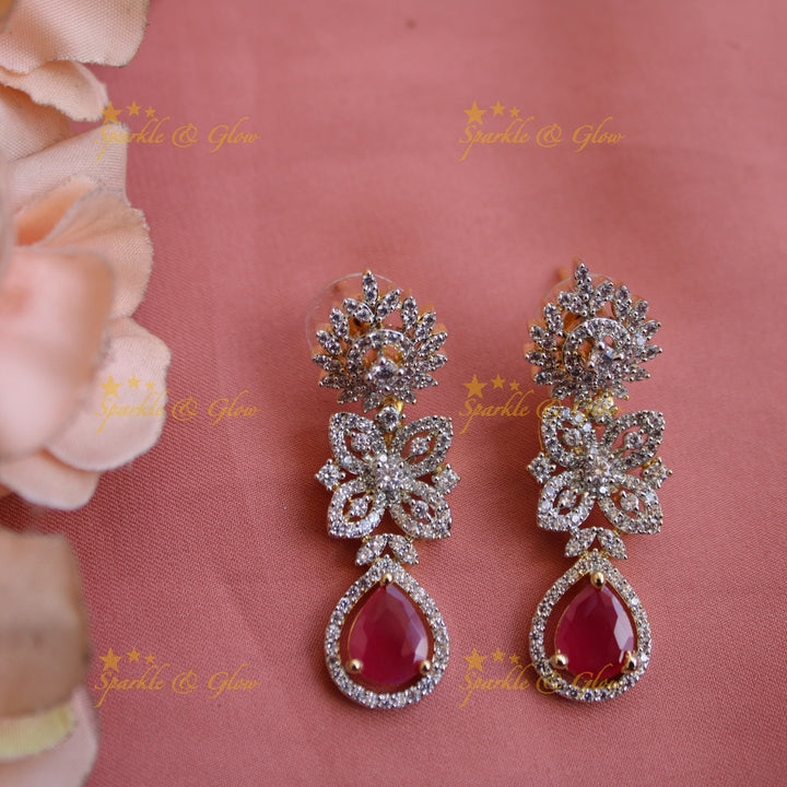 Grand Floral design American diamond long necklace with ruby and pearls - pink