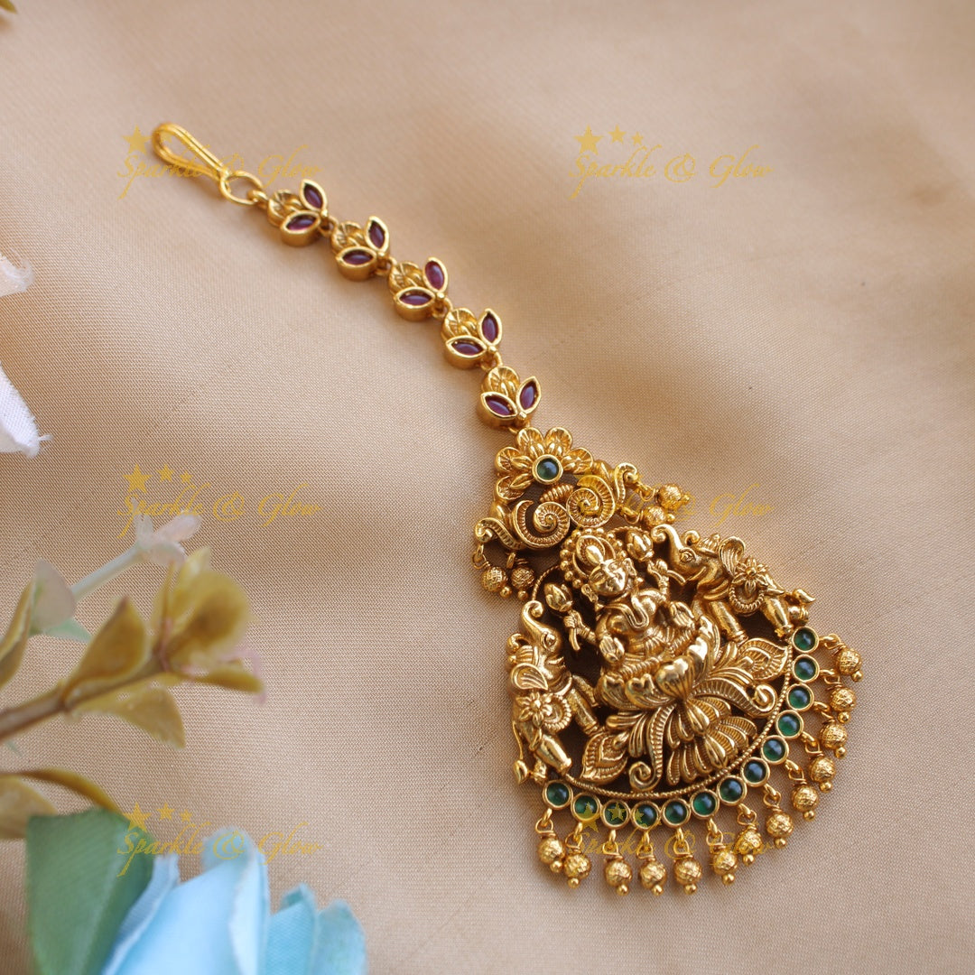 Exclusive Gold alike Lakshmi elephant maang tikka with Gold beads