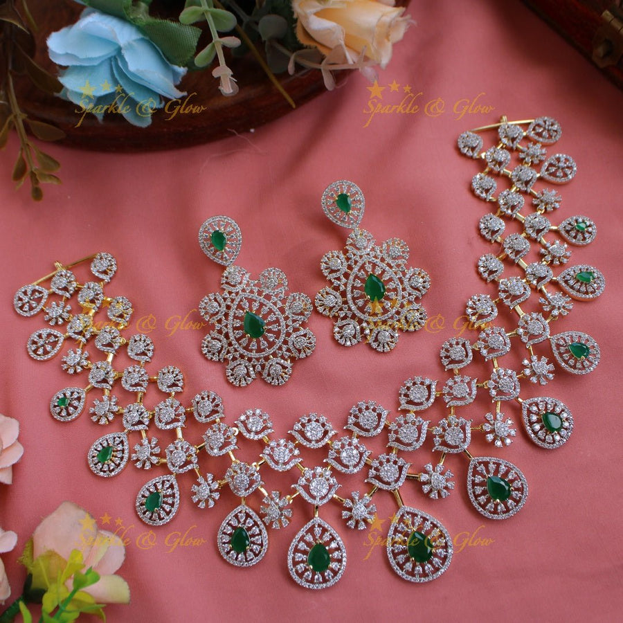Gorgeous Floral water drop design American diamond choker with emerald - Sparkle and Glow - Back Thread - 