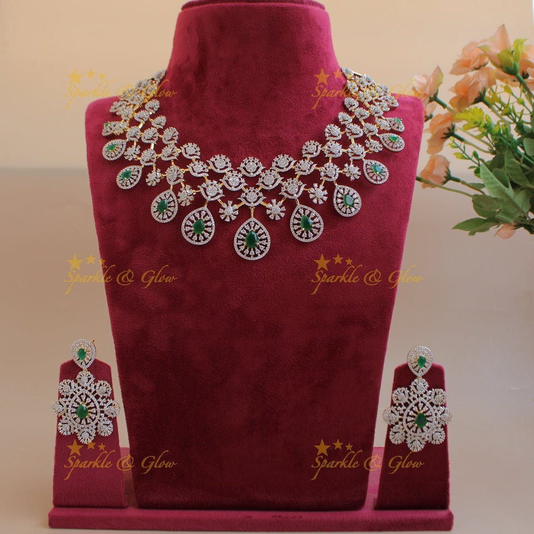 Gorgeous Floral water drop design American diamond choker with emerald - Sparkle and Glow - Back Thread - 
